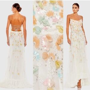 Mac Duggal #9163 Beaded 3D Flower Cami Ruffled High Low Lace Up Gown Multi